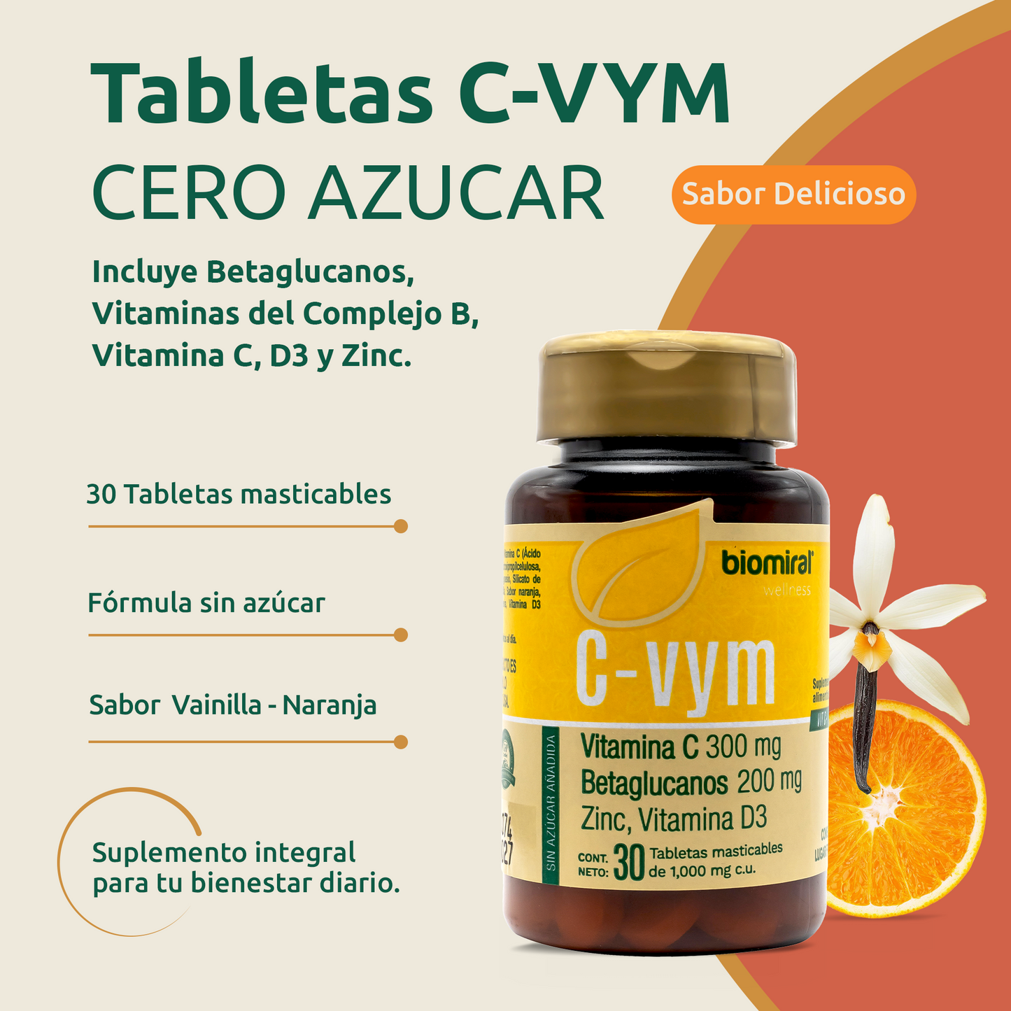 C-VYM 30 Tabletas | Vitamina C, Betaglucanos, Zinc, D3 y Complejo B