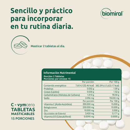C-VYM 30 Tabletas | Vitamina C, Betaglucanos, Zinc, D3 y Complejo B