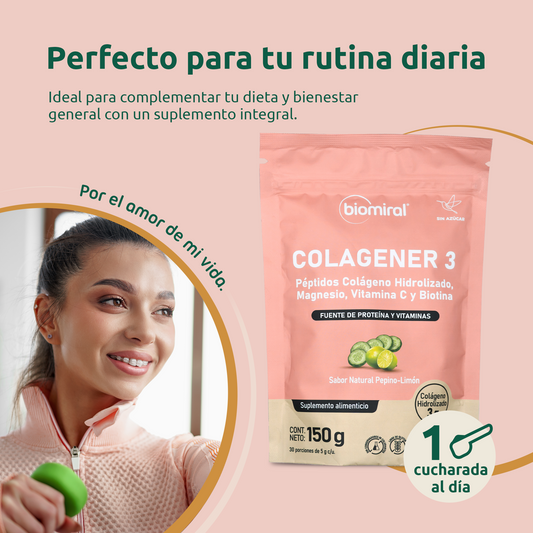 Colagener 3 | Colágeno, Magnesio, Vitamina C y Biotina | Pepino-Limón