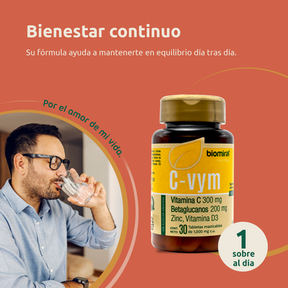 C-VYM 30 Tabletas | Vitamina C, Betaglucanos, Zinc, D3 y Complejo B